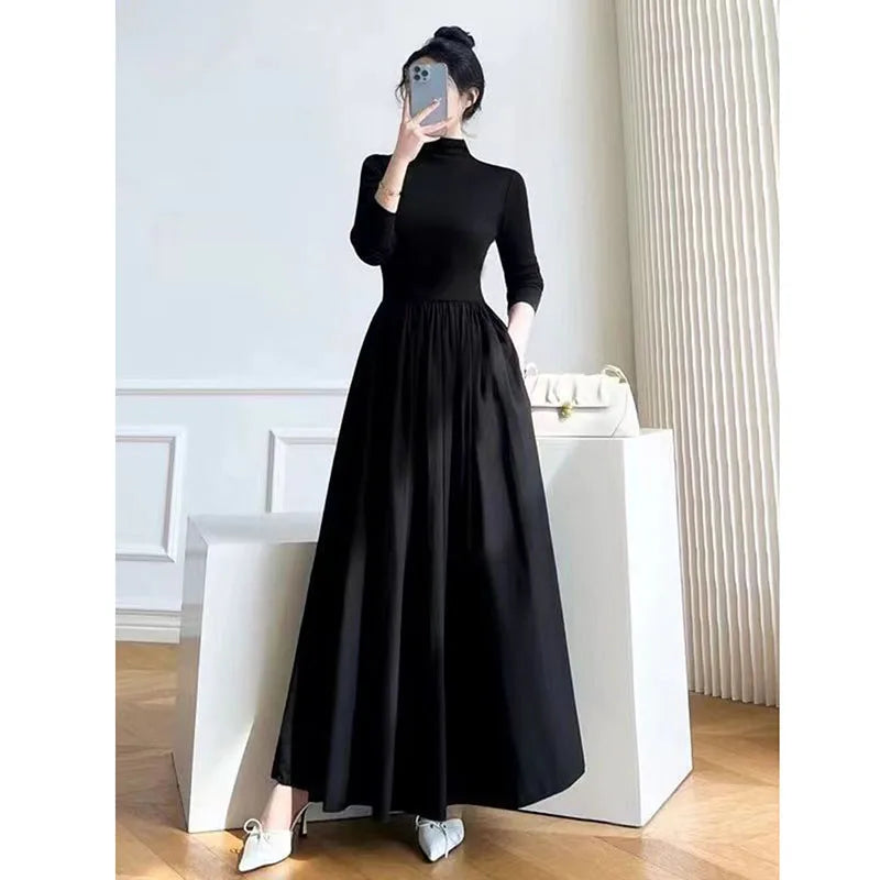 Lucyever French Style Black A-Line Dresses Women Elegant High Waist Long Sleeve Midi Dress Autumn Winter Slim Fit Maxi Dress