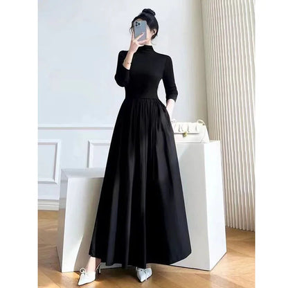 Lucyever French Style Black A-Line Dresses Women Elegant High Waist Long Sleeve Midi Dress Autumn Winter Slim Fit Maxi Dress Badiee Stylez