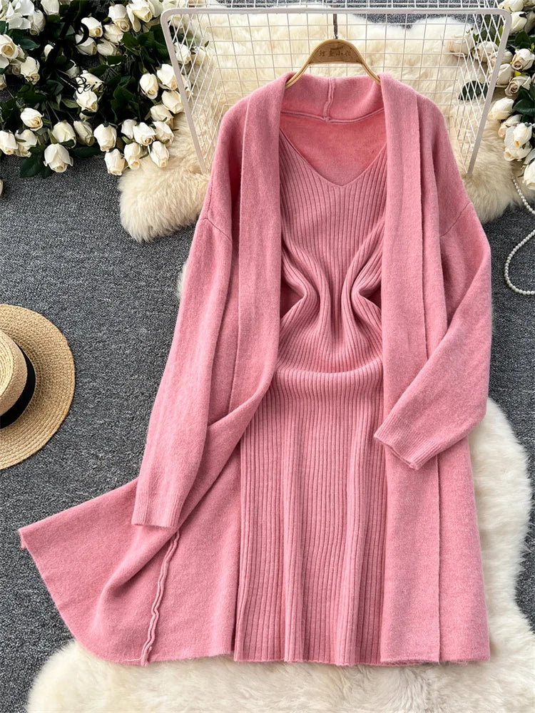 SINGREINY Autumn Knitted Two Pieces Sets Ladies Loose Knitting Cardigan+Spaghetti Strap Bodycon Dress Basic Solid Winter Suits Badiee Stylez