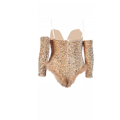 Women's Elegant Sequined Feather Slim Patchwork Bodysuits Spring Summer New Sexy Bodysuits Women Long Sleeve Backless Bodysuits