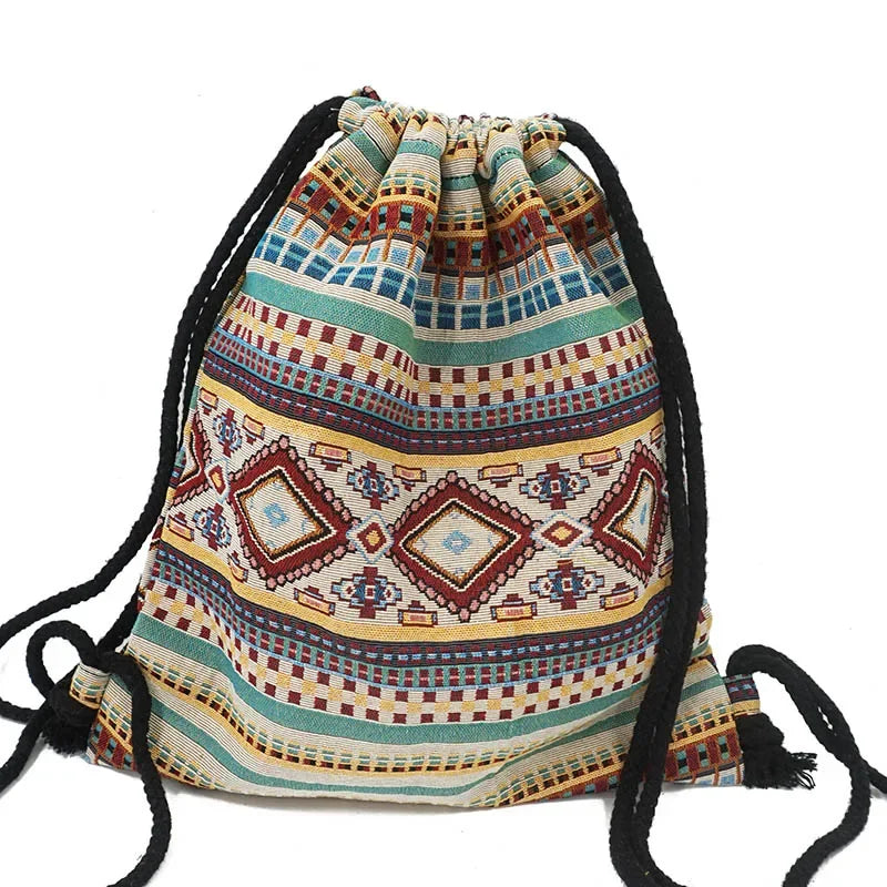 2025 Women Fabric Backpack Female Gypsy Bohemian Boho Chic Aztec Ibiza Tribal Ethnic Cottage Soft Brown Drawstring Rucksack Bags NO 18