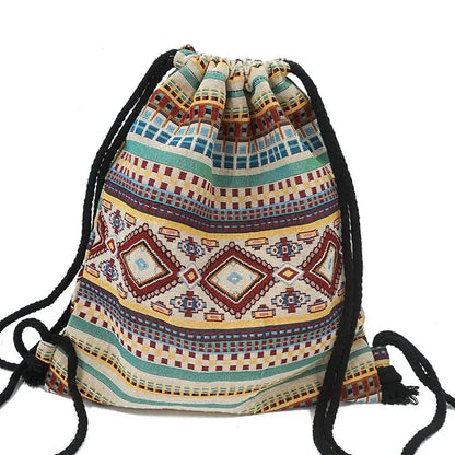 2025 Women Fabric Backpack Female Gypsy Bohemian Boho Chic Aztec Ibiza Tribal Ethnic Cottage Soft Brown Drawstring Rucksack Bags NO 18