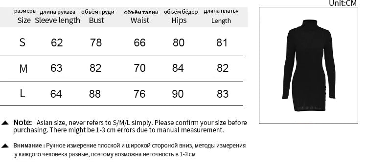 New Solid Dress Women Elegant Party Autumn Winter Turtleneck Long Sleeves Sexy Sheath Mini Dresses Bodycon Club Knitted Dress