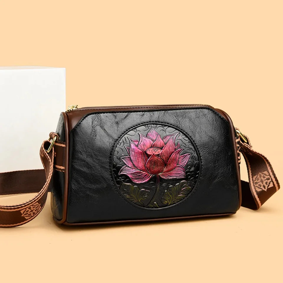 Three Layers Women Handbag Soft Leather Shoulder Crossbody Bags for Women Flower Print Ladies Messenger Bag with WIde Strap
