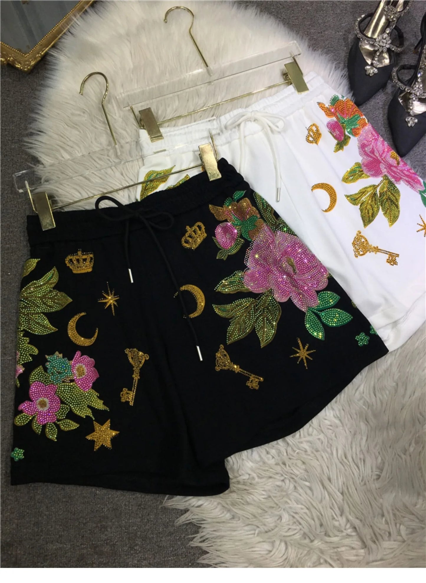 Oversized rhinestone diamond high-waisted black adjustable waist wide leg slacks Women's shorts