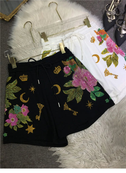 Oversized rhinestone diamond high-waisted black adjustable waist wide leg slacks Women's shorts