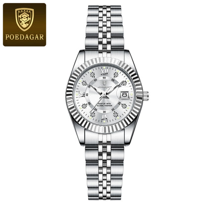 POEDAGAR Original Elegant Women's Watches Waterproof Luminous Date Women Watch Stainless Steel Quartz Fashion Ladies Wristwatch 780 Silver White