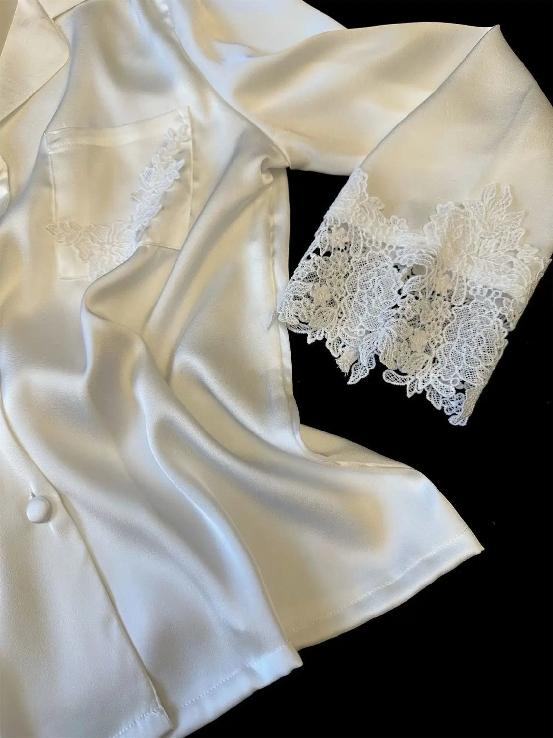 Female Pajamas Set White Satin Lace Trim Bride Wedding Sleepwear Gift Homewear Sexy Loose Long Sleeve Trouser Suit Loungewear