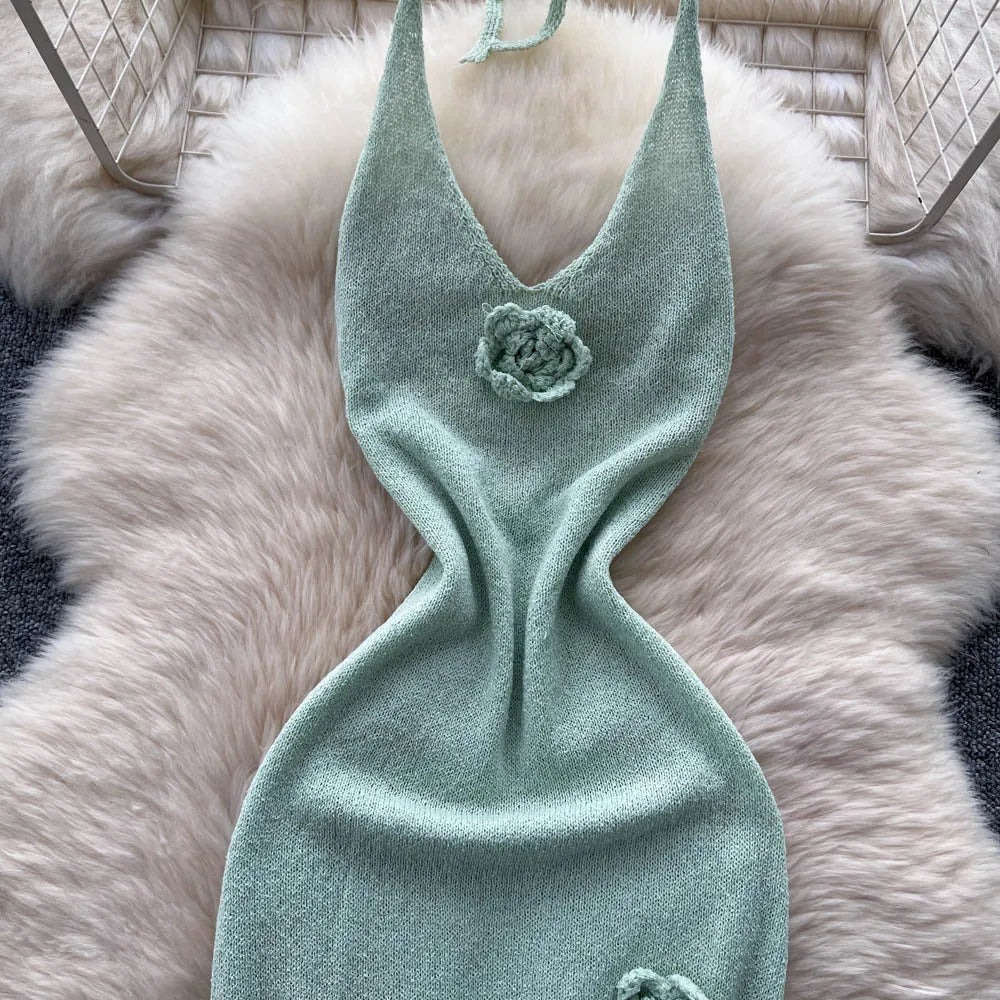 SINGREINY Halter 3D Floral Maxi Sundress Women Sleeveless Bodycon Elastic Beach Dress Vacation Knitted Split Sexy Long Dress