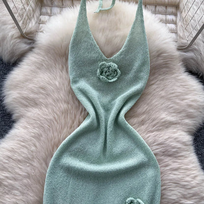 SINGREINY Halter 3D Floral Maxi Sundress Women Sleeveless Bodycon Elastic Beach Dress Vacation Knitted Split Sexy Long Dress