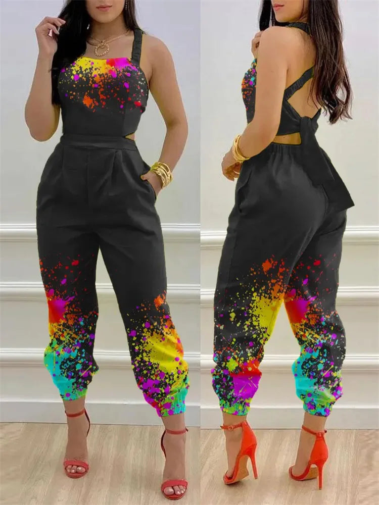 New Summer Fashion Printed Sleeveless Jumpsuit Sexy Hollow Backless Lace Up Long Jumpsuits Elegant Casual Jumpsuit With Pocket Badiee Stylez