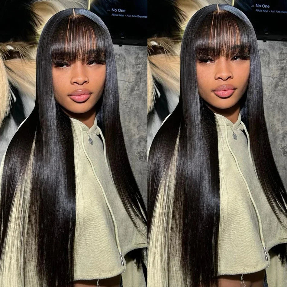 Bone Straight Human Hair Wig With Bangs For Women 30 Inch Brazilian 3x1 Lace Wigs Glueless Wig Human Hair Natural Black Color Badiee Stylez