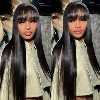 Bone Straight Human Hair Wig With Bangs For Women 30 Inch Brazilian 3x1 Lace Wigs Glueless Wig Human Hair Natural Black Color Badiee Stylez