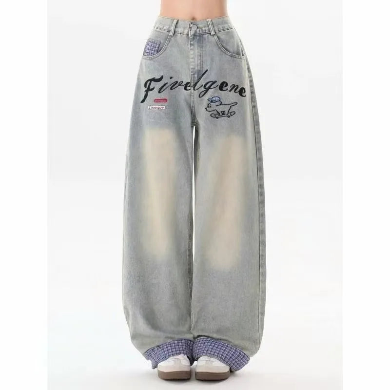 Y2K fashion retro cartoon embroidered women wide-leg jeans casual Harajuku loose pants street personality high-waisted jeans