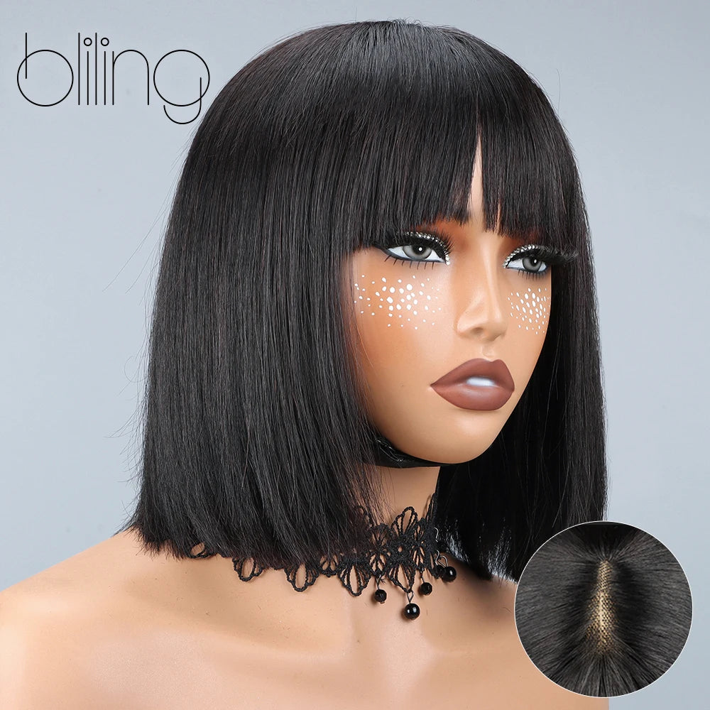 200% Human Hair Wig With Bang Natural Glueless Straight Layered Bob Hairstyle 1X13 Transparent Lace Black for Women 10 Inch Badiee Stylez