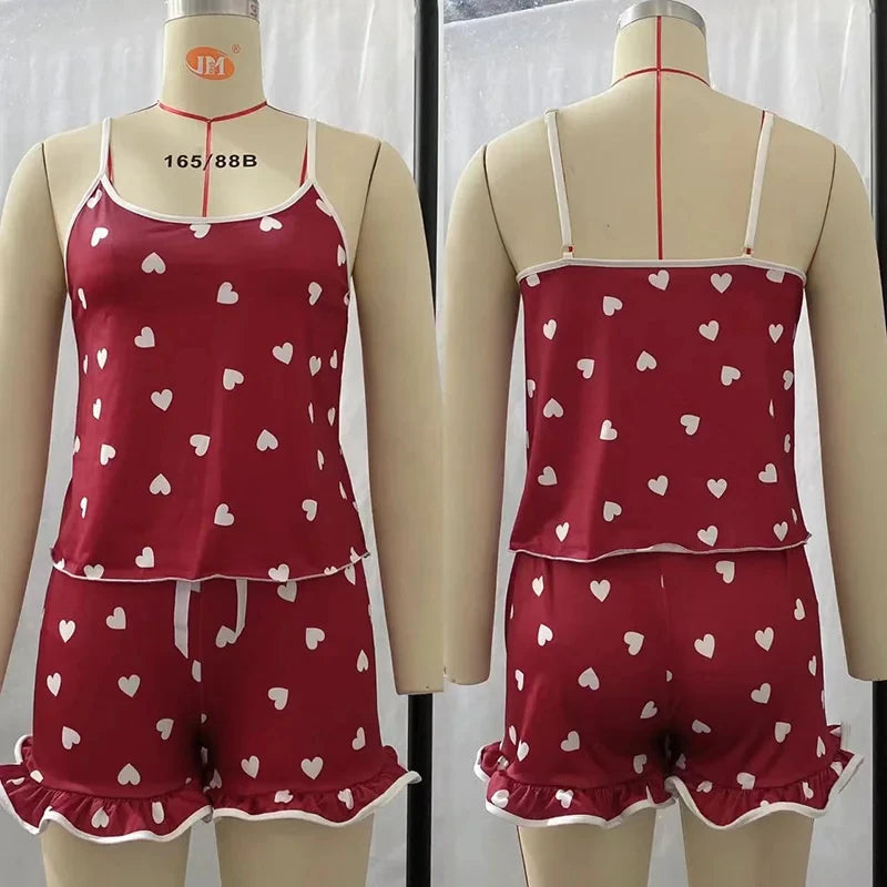 2025 Summer Pajama 2Pcs Set Large Size Vest Ruffle Shorts Women's Suspenders Soft Casual Cute Printed Women pajamas set Sexy Bow