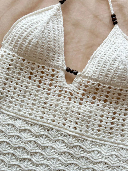 Soleia Summer Sexy V-Neck Hollow-Out Wooden Beads Fitted Dress, Vacation Spaghetti Strap Backless Ombre Knitted Dress, Suitable