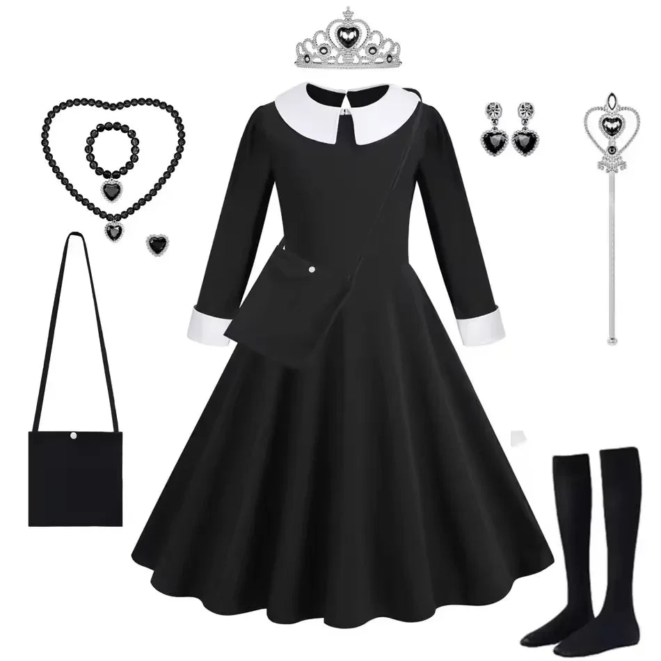 Black Dress Girls TV Series Role Playing Halloween Costume Toddler Adams Weirdo Family Cosplay Apparel Badiee Stylez