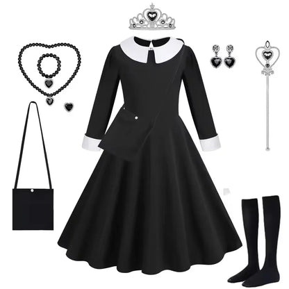 Black Dress Girls TV Series Role Playing Halloween Costume Toddler Adams Weirdo Family Cosplay Apparel Badiee Stylez