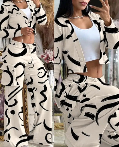 Women's Spring Summer New Fashionable Solid Color Printed Sexy Waist Short Top Casual Pants Set For Women Khaki print