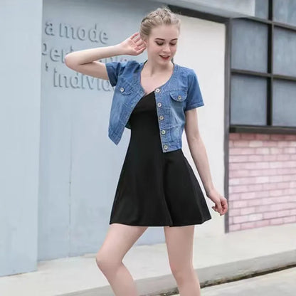 Lucyever Korena Y2K Cropped Jacket Women Casual Short Sleeve Denim Jackets Female Summer Thin Single-Breasted Jeans Outerwear