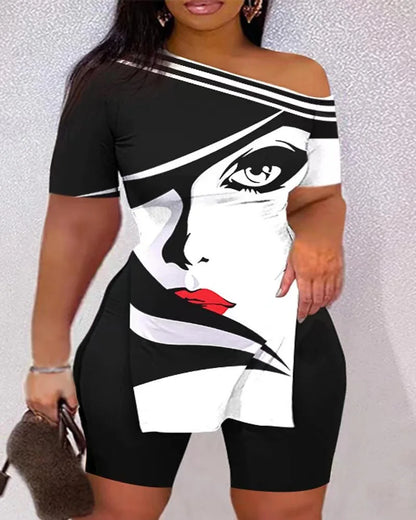 Print Two Piece Shorts Sets Women Skew Collar Short Sleeve Shirts Side Split Tops Pullover Elastic Waist Trousers Summer 2025