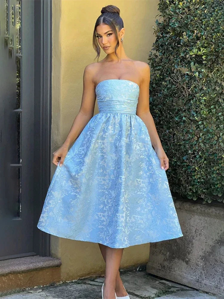 Strapless Backless Bodycon Sexy Dress Women  Elegant Evening Party Dress Jacquard Satin Long Summer Dress Vestidos Badiee Stylez