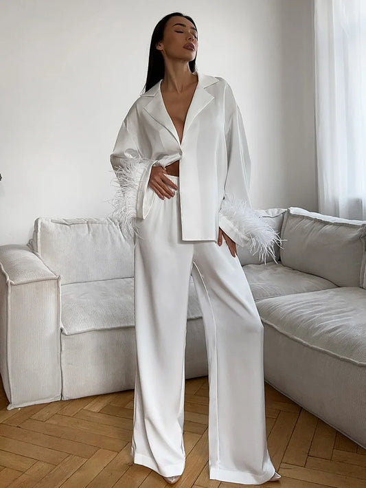 Marthaqiqi Feathers Female Nightgowns Suit Sexy Turn-Down Collar Sleepwear Long Sleeve Nightwear Pants Fashion Women Pajamas Set WHITE CN