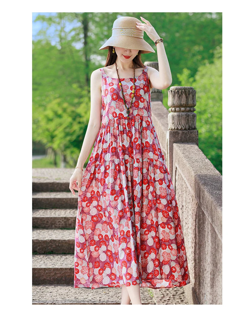 New Fashion Casual 2025 Summer Elegant Dresses For Women O-Neck Print Vintage Sleeveless Dress Loose Women Clothing