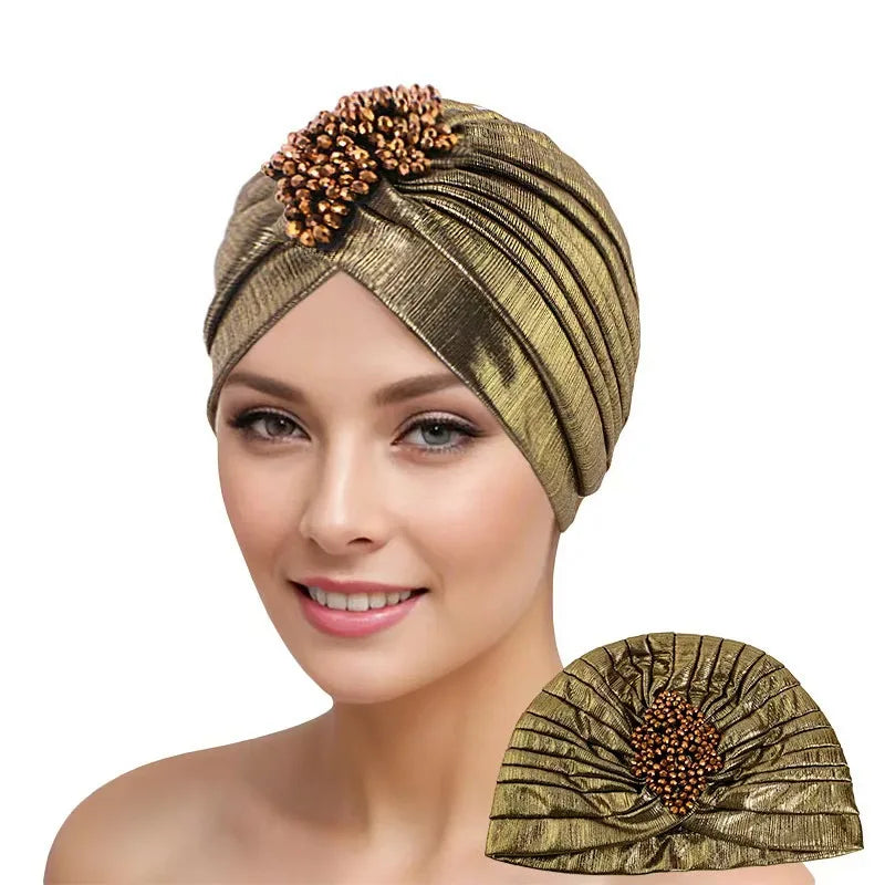 Ethnic Gathered Headscarf with Clover Crystal Gold Foil Print Fashion Hair Cover for Women Hijab Head Wrap Accessory