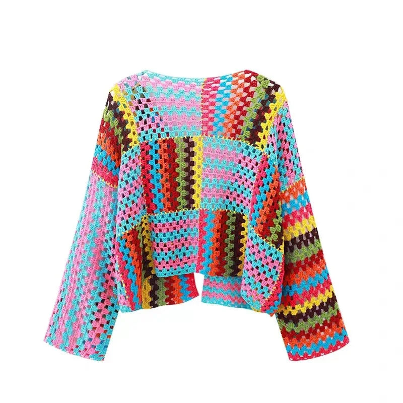 Colorful Crochet Knitted Hollow Cardigan Sweater Jacket New Top Loose Women's Clothing