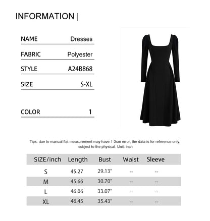 Women's Square Neck Pullover Dress, Casual Elegant Dress, Commuter Wind, Long Sleeve, Pure Color Polyester, New, 2025