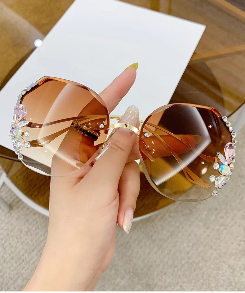 Women's New Diamond-encrusted Sunglasses Rimless Cut Edge Sunglasses Big Face Slimming Sunglasses
