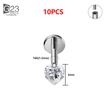 1/10PCS ASTM F136 Titanium 16G Heart CZ Threaded Labret 3mm/4mm CZ Cartilage Tragus Helix Nose Stud Piercing Jewelry 10Pc Tit 3mm CZ
