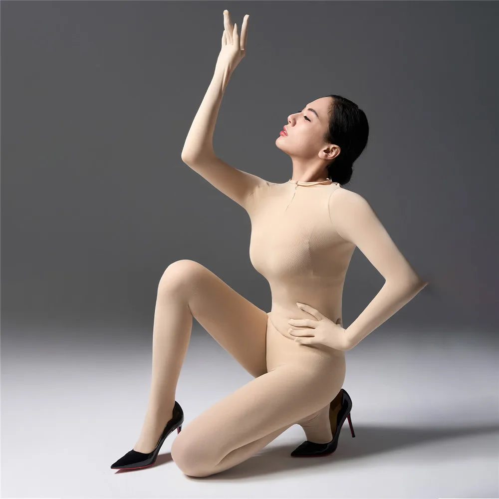 Sexy Cosplay Maid Tights Unisex Close Open Crotch Shaping Seamless Bodysuits Five Finger Gloves Jumpsuits Leotard Bodystocking Badiee Stylez