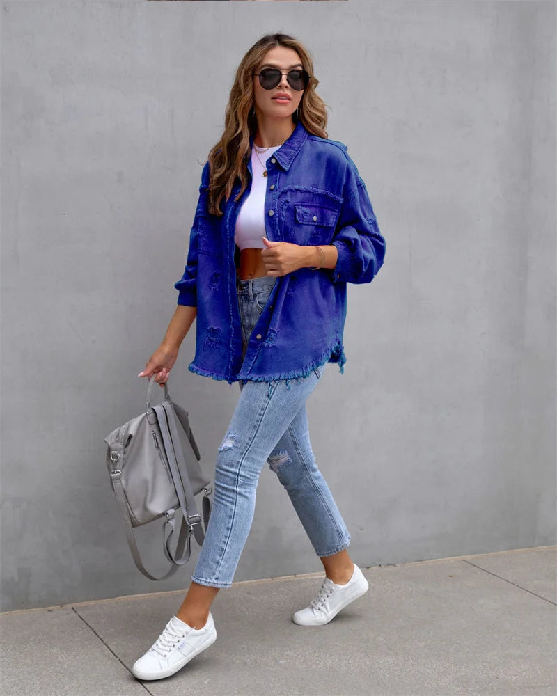 2025 Spring Autumn Shirt Style Denim Jacket Women Holes Raw-edges Jeancoat Casual Tops Female Oversize Loose Outerwear 7 Colors