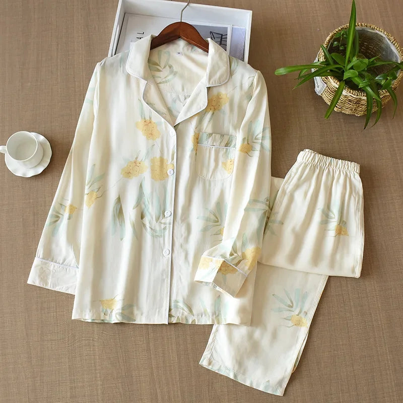 Japanese style new spring and summer women's pajamas Viscose fiber silk long-sleeved trousers suit flower printing home service Yellow flowers