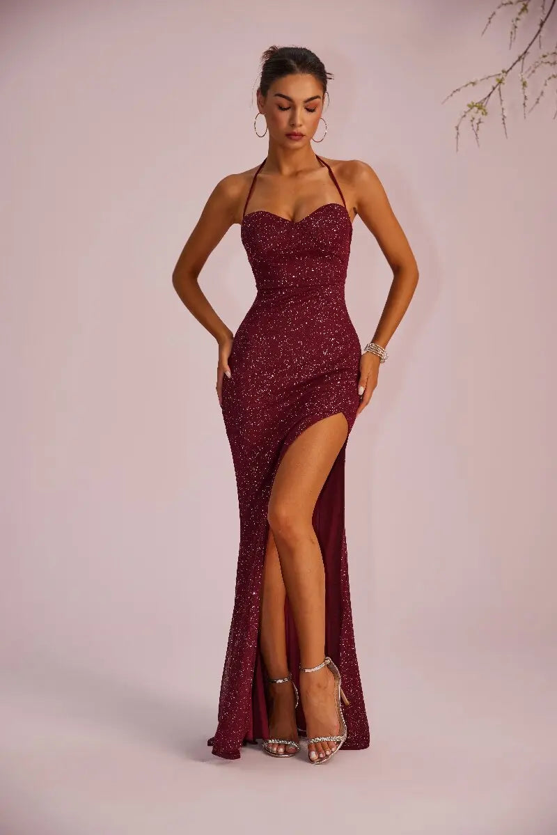 New wine red sequin fabric evening dress with no sleeves, tied straps, high slit, strapless style, essential for parties Badiee Stylez