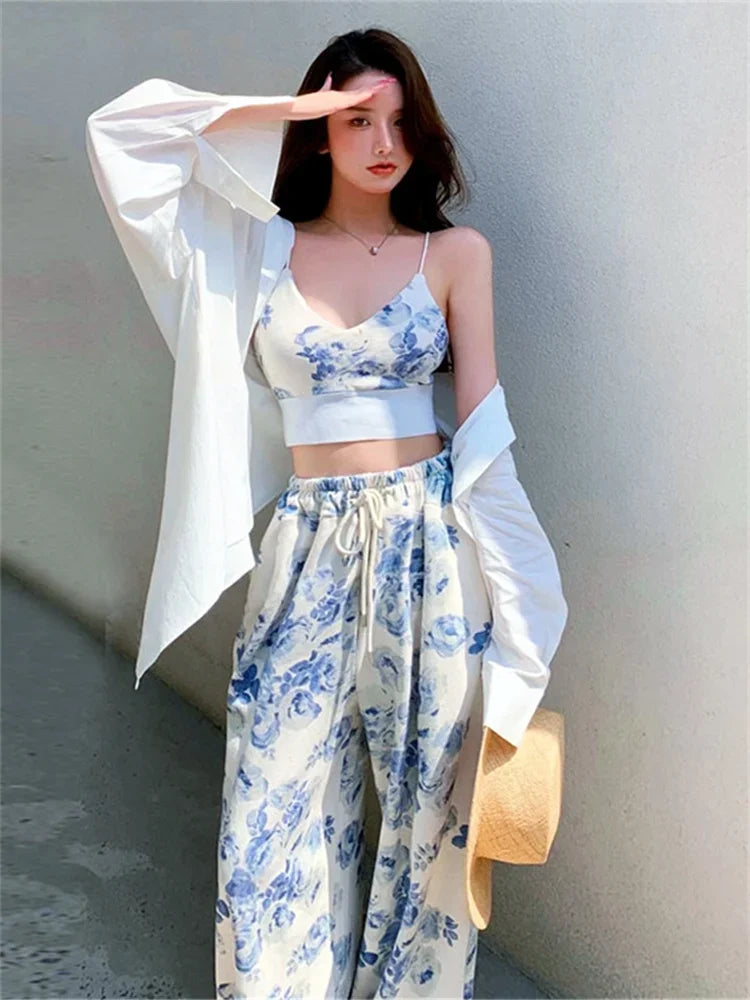 Women Floral 2 Piece Pant Sets Sleeveless Camisole Tops + Elastic Waist Loose Long Pants Outfits Summer Casual Streetwear