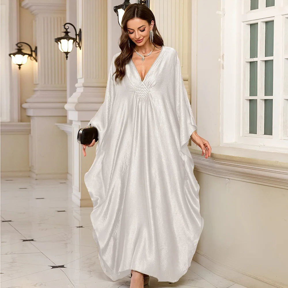 Plus Size Kaftan Dresses for Women Sparkly Glitter Batwing Sleeve Kaftan Cover Up Beach Maxi Dress Loungewear DN0016-5 white One Size