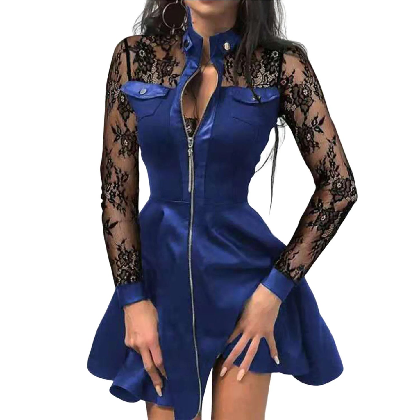 Women Long Sleeve Zipper Pocket Large Hem Faux Leather Lace Mini Dress Women's Clothing Elegant Fashion Party Dress vestidos 5XL Blue
