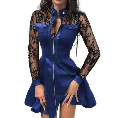 Women Long Sleeve Zipper Pocket Large Hem Faux Leather Lace Mini Dress Women's Clothing Elegant Fashion Party Dress vestidos 5XL Blue