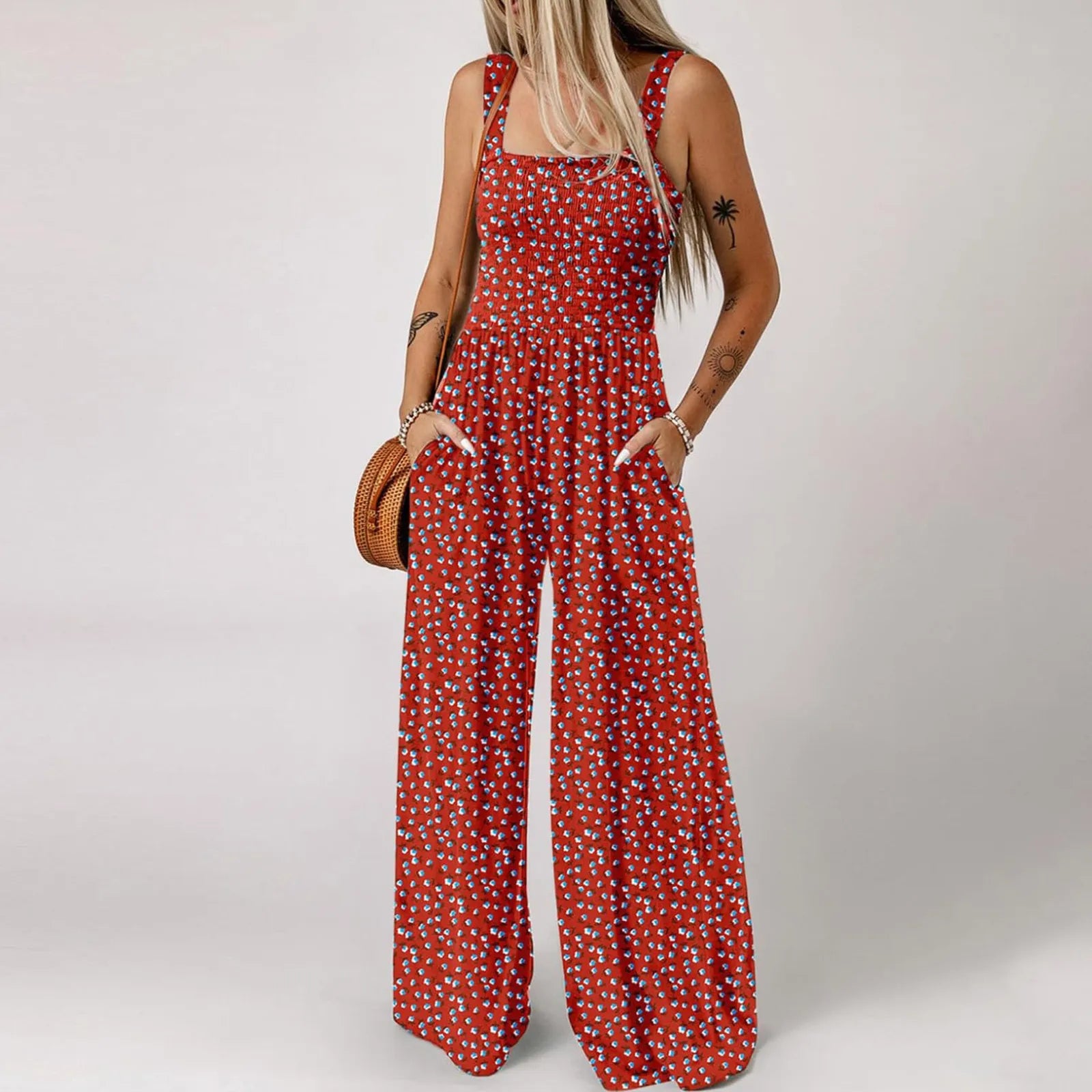 Women'S Suspender Jumpsuits Fashion Trend Pleated Shoulder Straps Printed Pocket Loose Wide Leg Jumpsuits Daily Casual All-Match