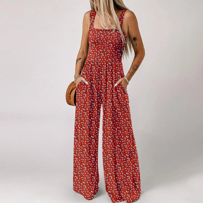 Women'S Suspender Jumpsuits Fashion Trend Pleated Shoulder Straps Printed Pocket Loose Wide Leg Jumpsuits Daily Casual All-Match