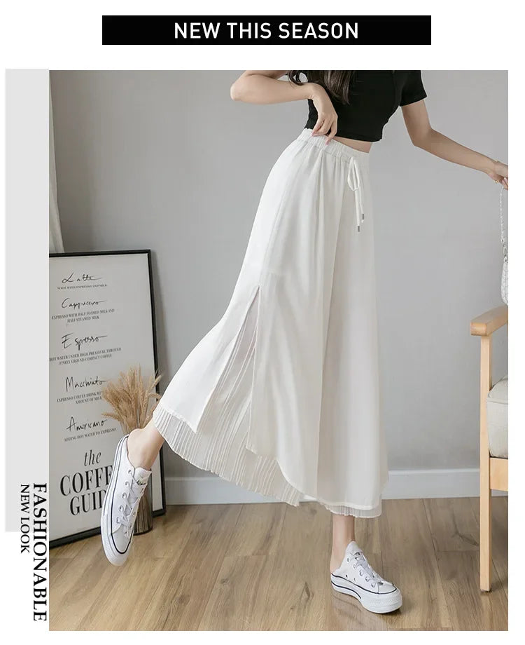 Women Pants Culottes Elastic Wide Leg Irregular Hem Double Layers Korean Trousers Summer Casual Loose Pleated Pants