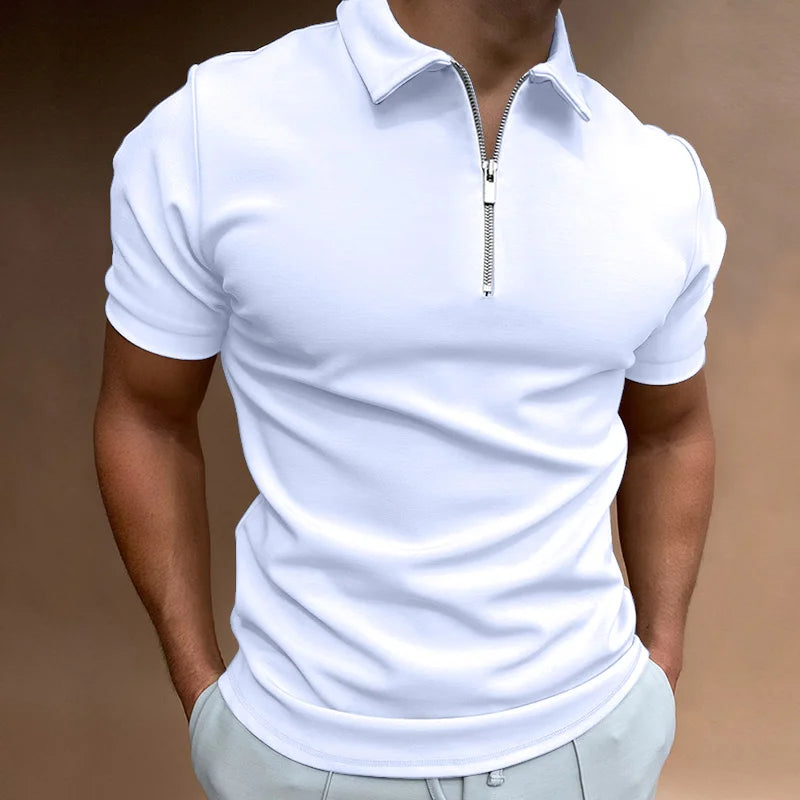 Summer Vibes Men's Polo Shirt - Solid Color, Short Sleeve, Zippered Turn-Down Collar for Effortless Casual Style