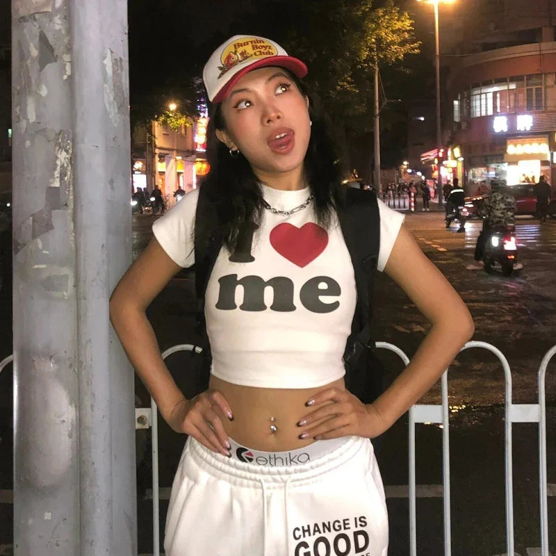 I Love ME Letters Print Y2K Harajuku Crop Top T-shirt Summer Women Clothes Sexy T-shirt Vintage 2000s Short Sleeve Crop Tops H2108-luqi