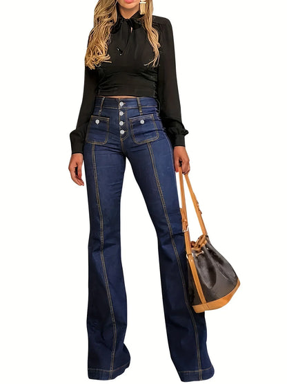 Flare Pants Women Mom Jeans Vintage Wide Leg Pants Denim High Waist Holes Pockets High Street Work Party Club Jeans Elegant Y2k