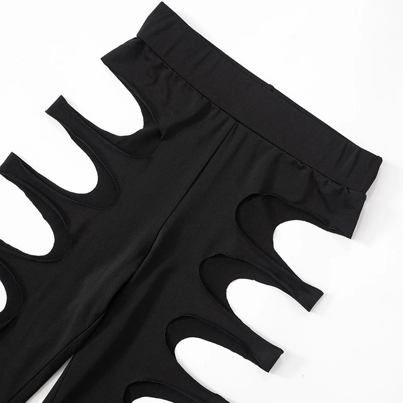 OMSJ Asymmetric Hot Girl Personality Set Hollowed Out Design Long Sleeve High Collar Bodysuit+Elastic Waist Leggings Pants Party