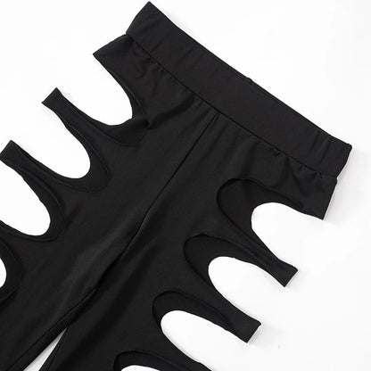 OMSJ Asymmetric Hot Girl Personality Set Hollowed Out Design Long Sleeve High Collar Bodysuit+Elastic Waist Leggings Pants Party